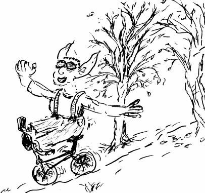 Big-Lugs rides tricyle with his eyes closed