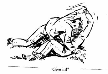 Two boys fighting: "Give in"